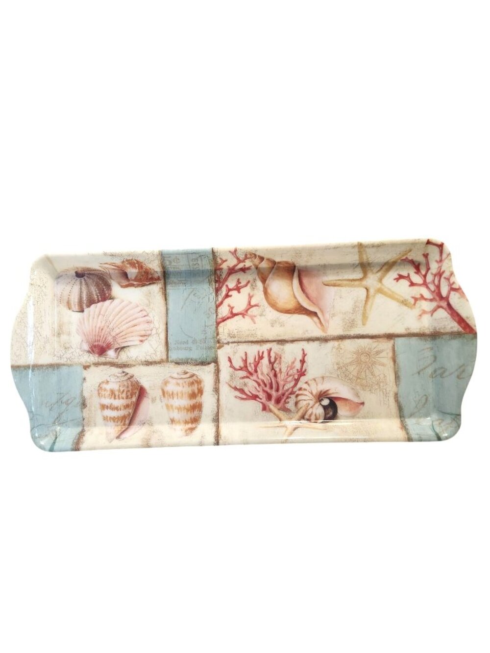 Coastal-Themed Rectangular Serving Tray With Seashell & Coral Design 14" Home Es